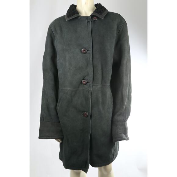 Vintage Dark Green Shearling Suede Coat Warm Winter Leather Trim Jacket Size M - Picture 4 of 16